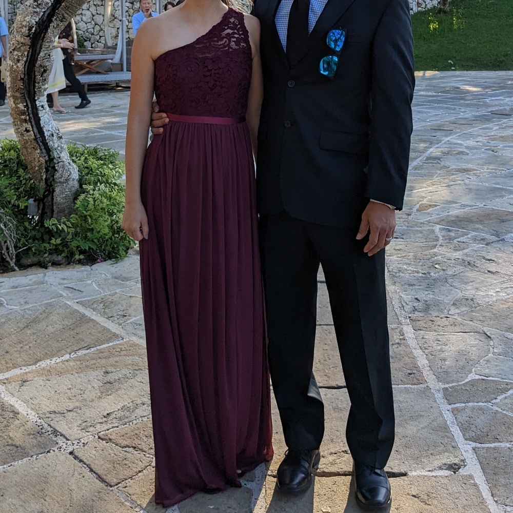 Maroon David's Bridal party dress